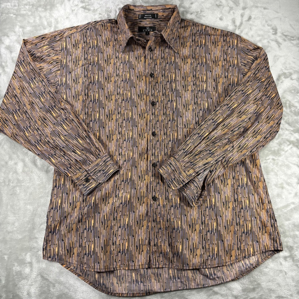 Enro Mens Large Gold Grey Abstract Geometric Print Cotton Long Sleeve Button